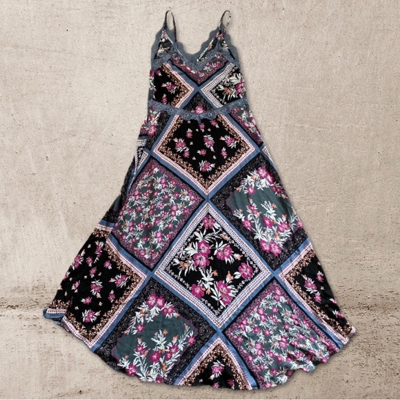 Free People Boho Bohemian Eclectic Hippie Graphite Combo Maxi Dress - Picture 10 of 16